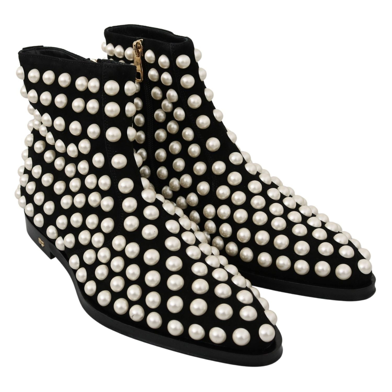 Dolce & Gabbana Black Suede Pearl Studs Boots Shoes