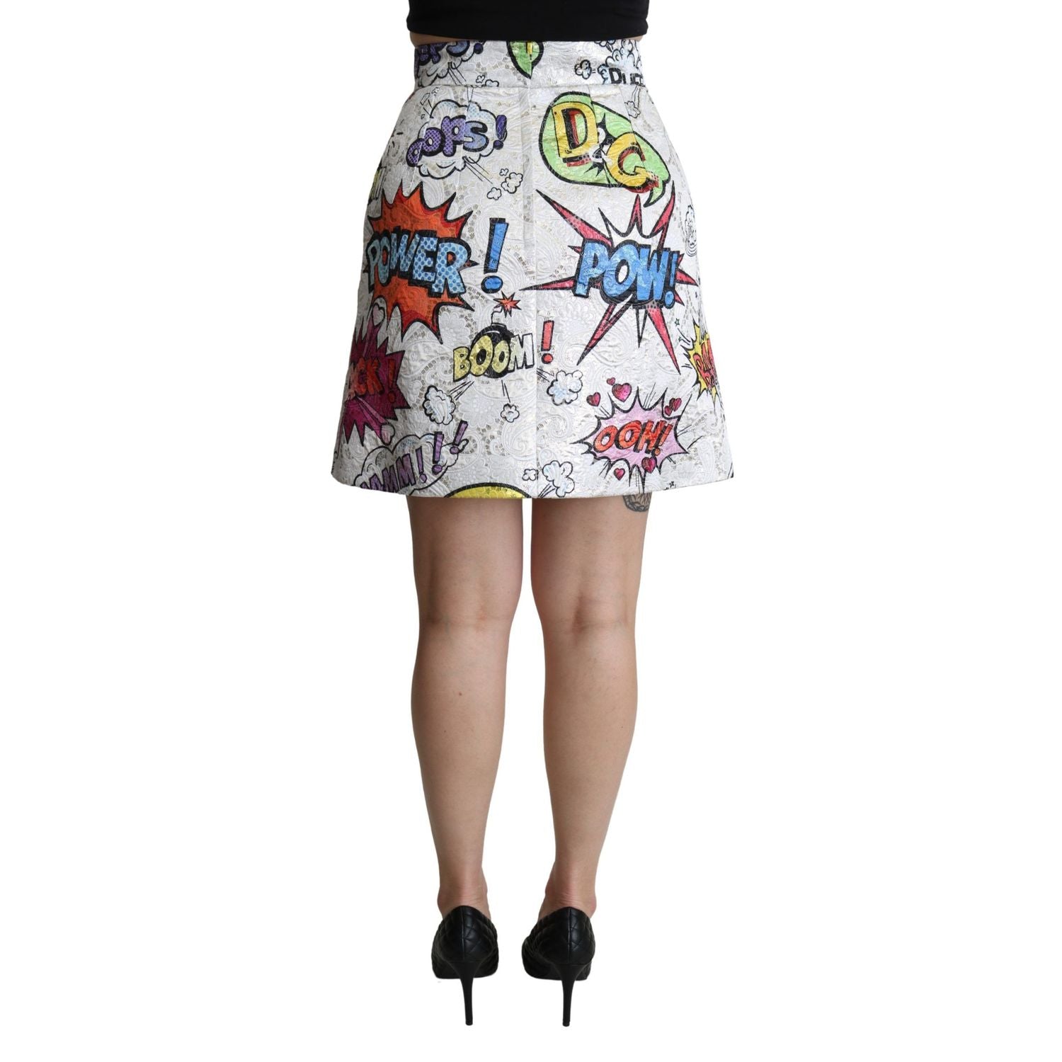 Dolce & Gabbana White Cartoon Brocade A-line High Waist Skirt