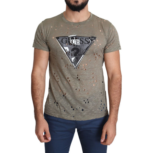 Guess Brown Cotton Stretch Logo Print Men Casual Perforated T-shirt TSH5079-M