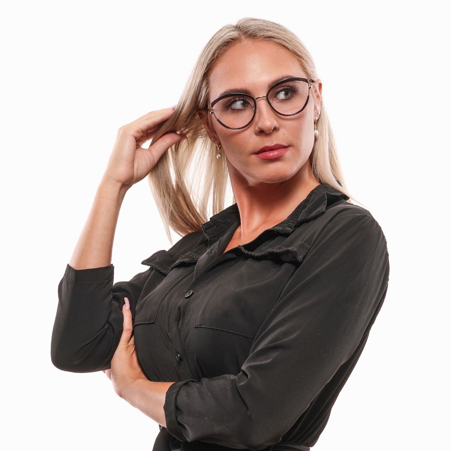 Woman wearing Emilio Pucci Black Women Glasses Frame with full-rim design.