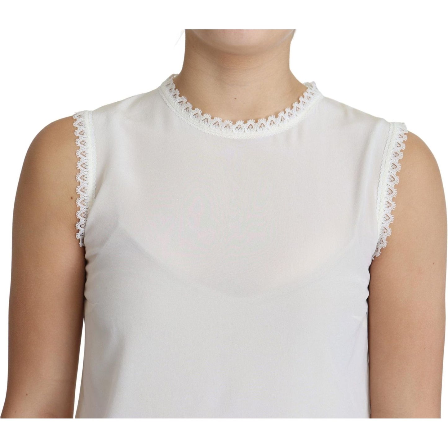 Dolce & Gabbana White Blouse Silk Lace Trimmed Sleeveless Top