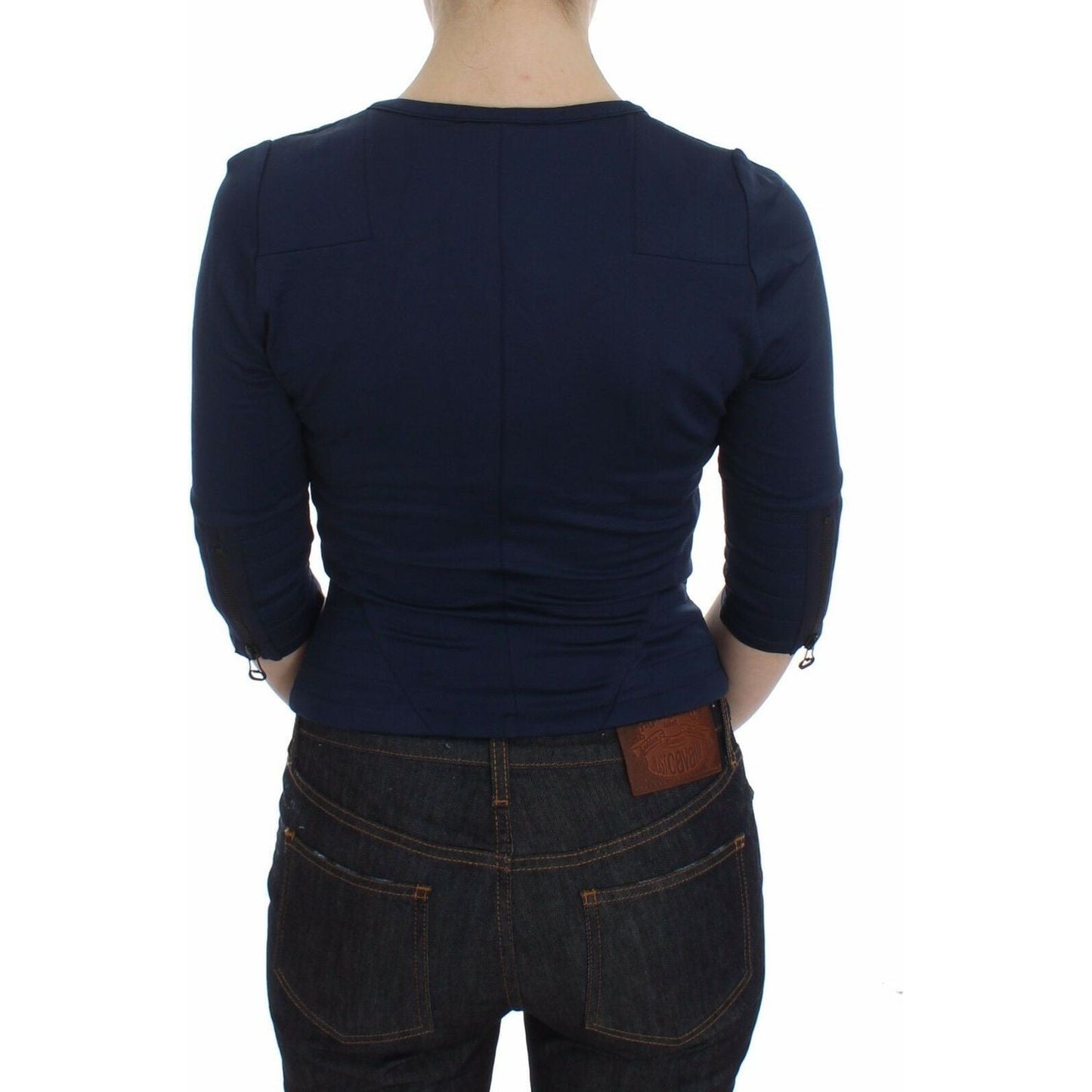 Exte Blue Cotton Top Zipper Deep Crew-neck Sweater