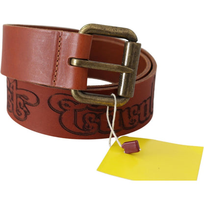 Just Cavalli Brown Leather Logo Bronze Rustic Metal Buckle Belt Belt