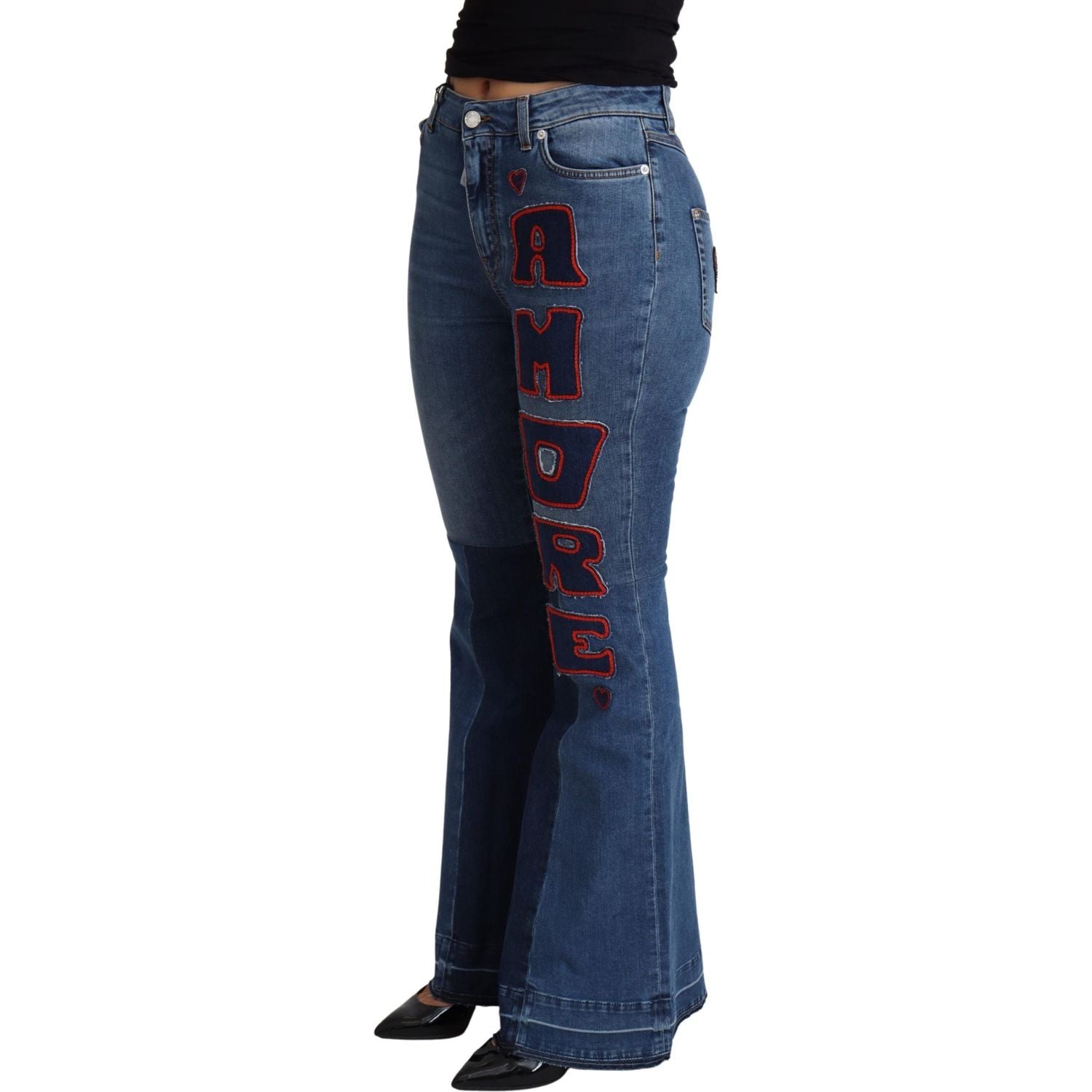 Dolce & Gabbana Blue Amore Patch Boot Cut Cotton Stretch Pant