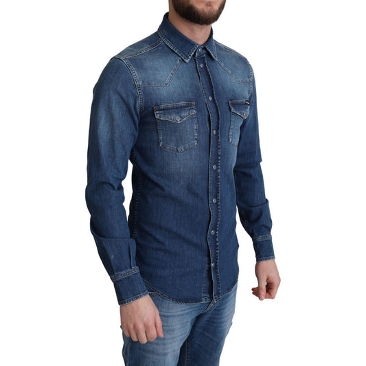 Dolce & Gabbana Blue Cotton Stretch Long Sleeves Denim Shirt