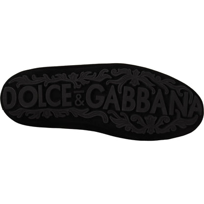 Dolce & Gabbana Black Leather Crystal Gold Crown Loafers Shoes