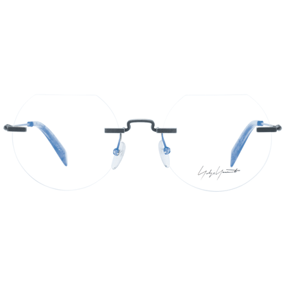 Yohji Yamamoto Gray Metal Glasses (Frames) with rimless round lenses, grey metal frame, and blue temples; includes branded soft case.