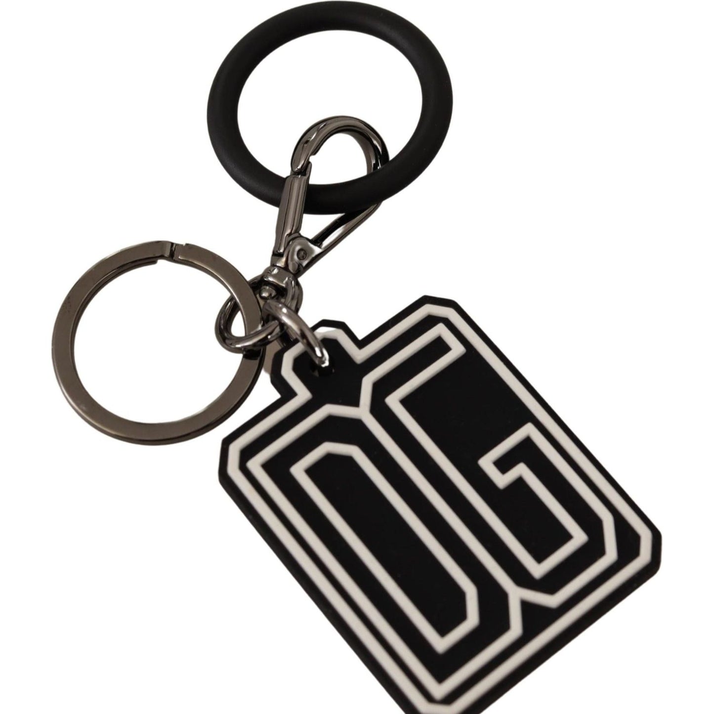 Dolce & Gabbana Black White DG Rubber Logo Silver Ring Keychain SMY100578
