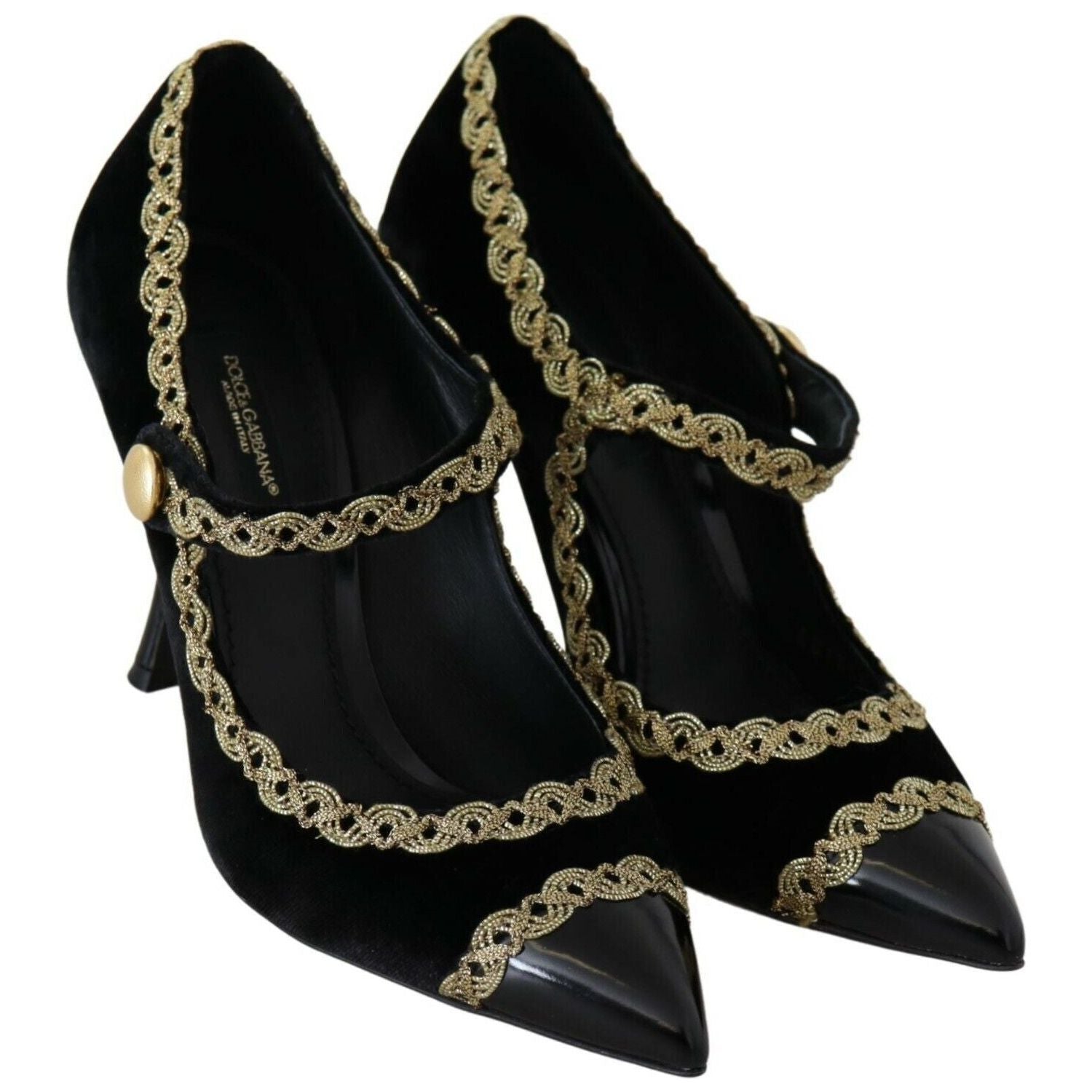 Dolce & Gabbana Black Embellished Velvet Mary Jane Pumps Shoes