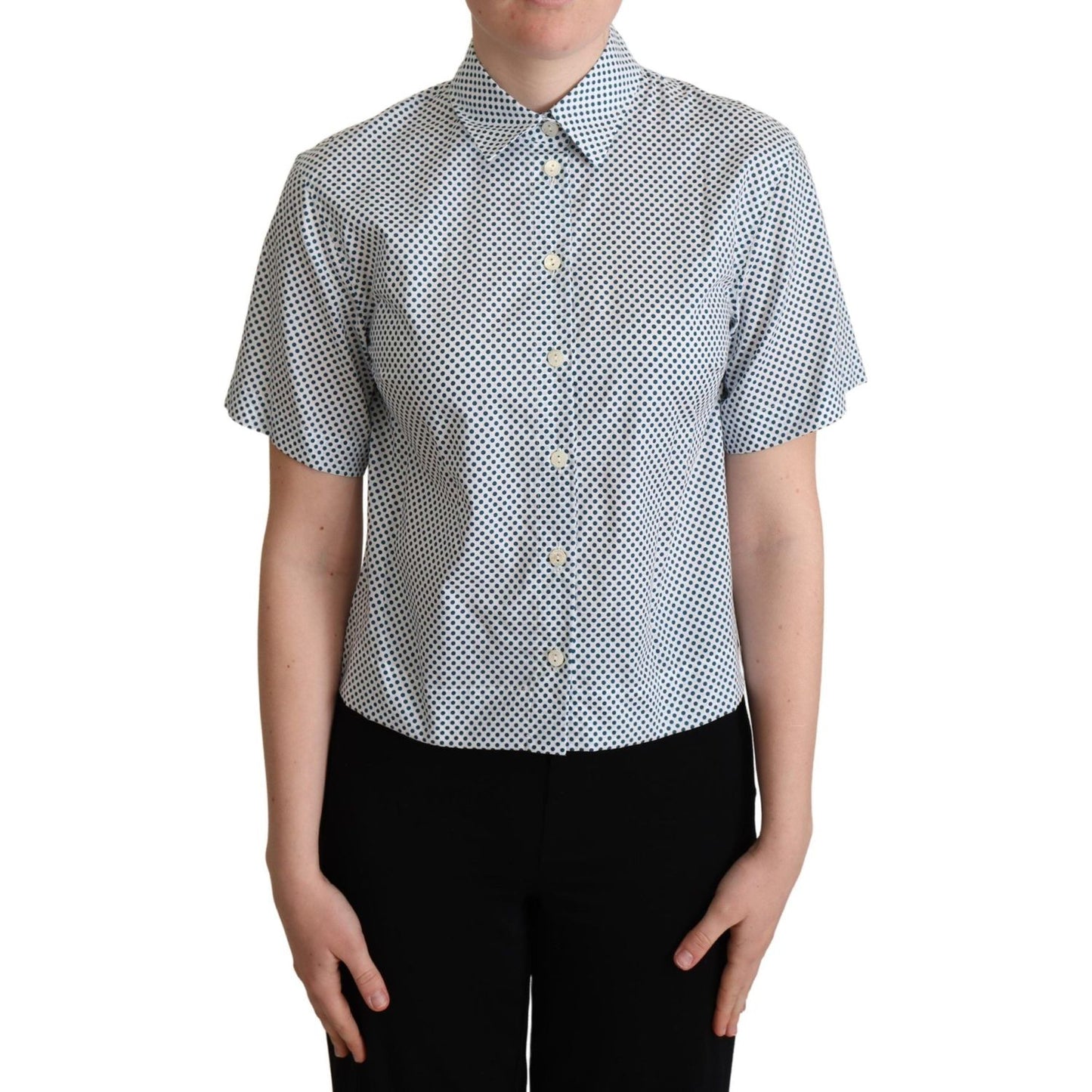 Dolce & Gabbana White Blue Polka Dot Cotton Shirt Blouse Top