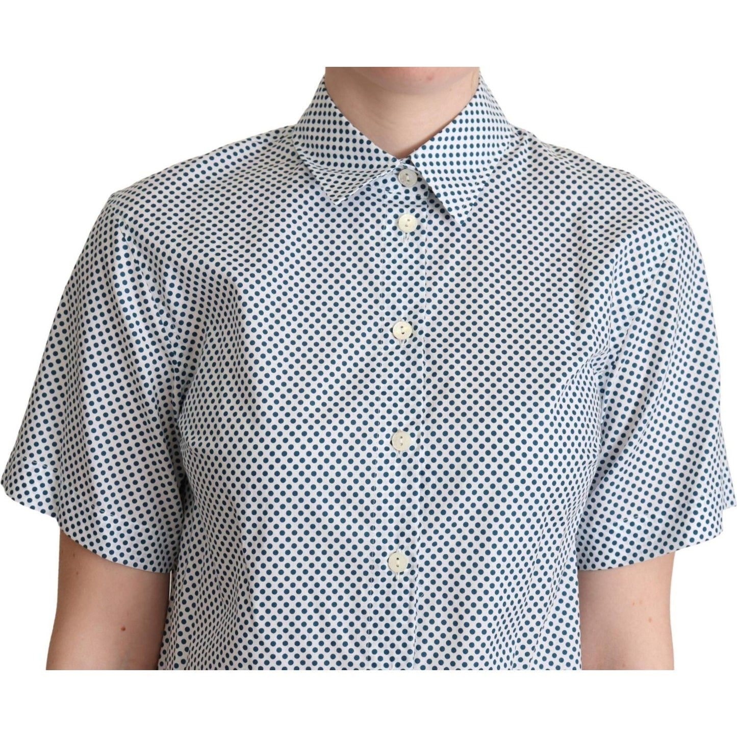Dolce & Gabbana White Blue Polka Dot Cotton Shirt Blouse Top