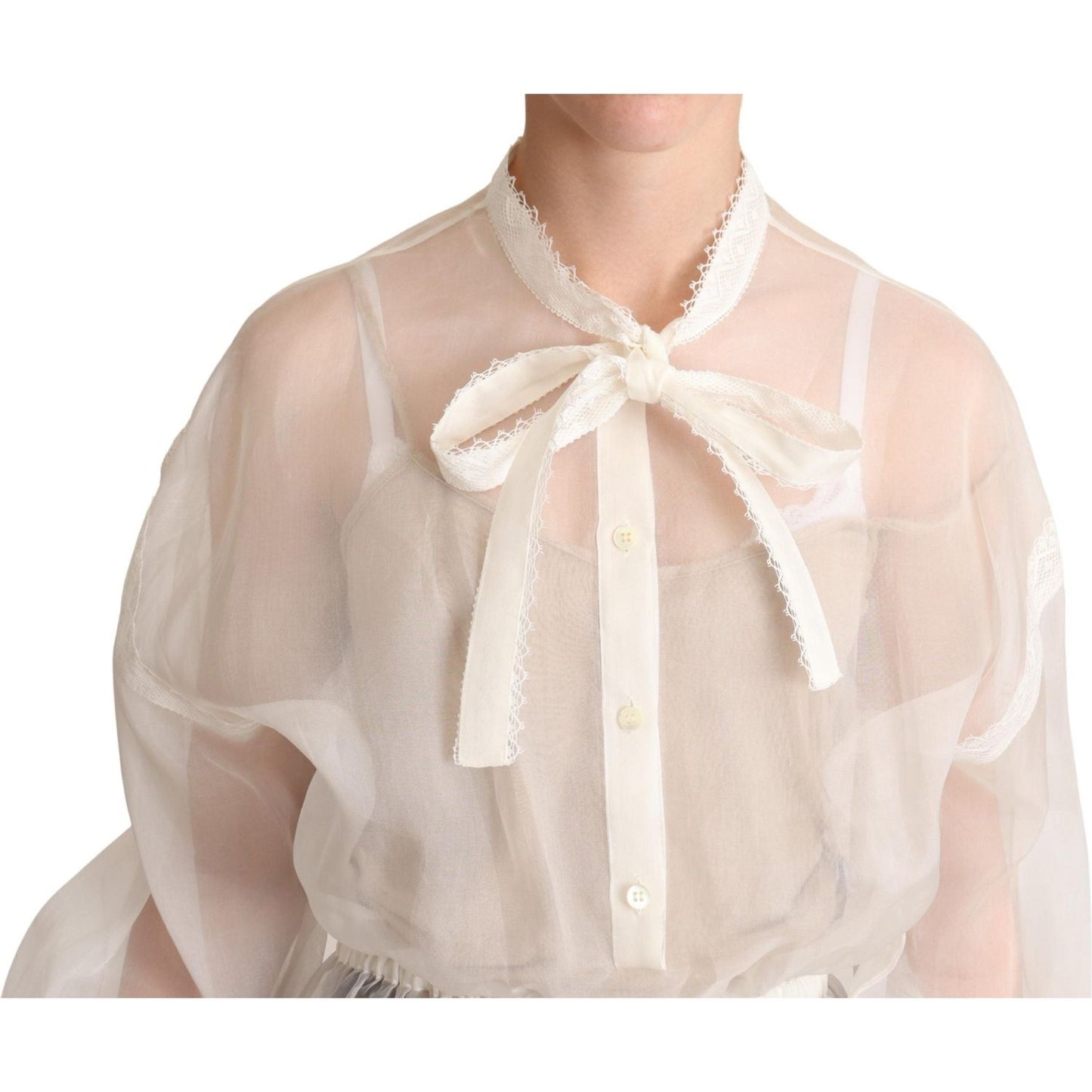 Dolce & Gabbana White Ascot Collar Long Sleeves Blouse Top