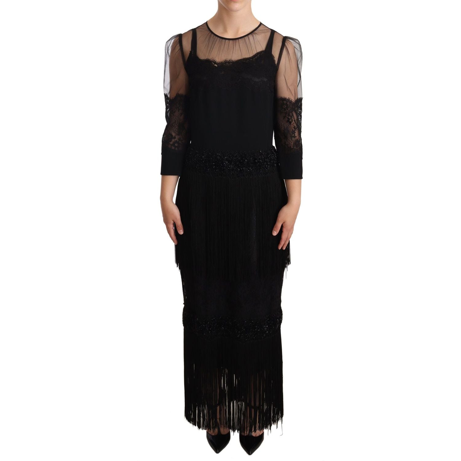 Dolce & Gabbana Black Sheer Floral Lace Crystal Maxi Dress