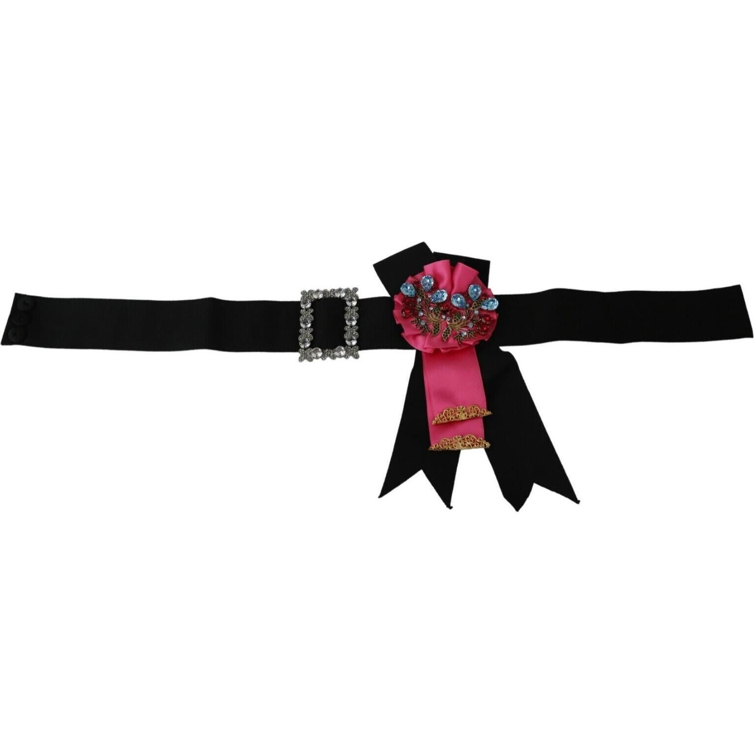 Dolce & Gabbana Black Pink Flower Brooch Crystals Cotton Belt