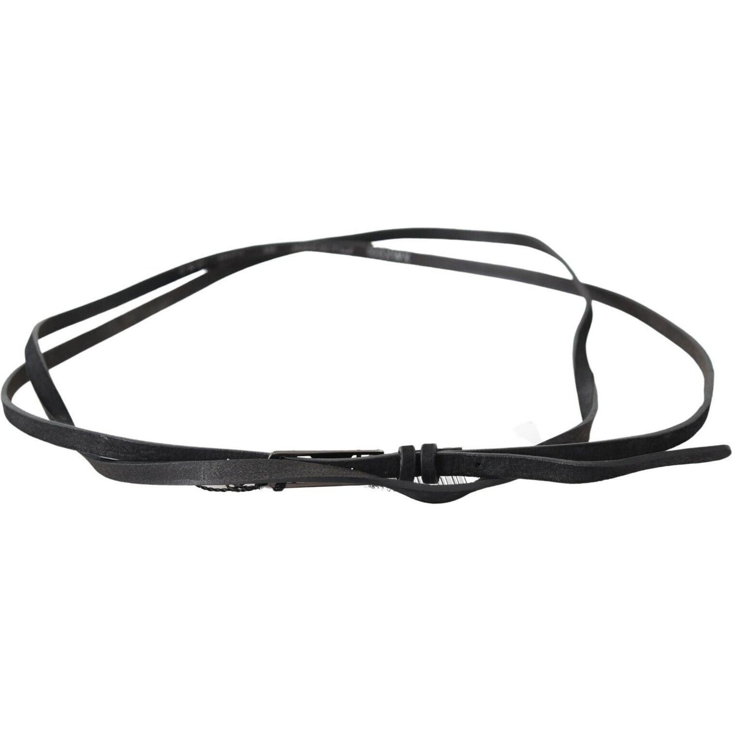 Costume National Black Leather Skinny Logo Buckle Belt