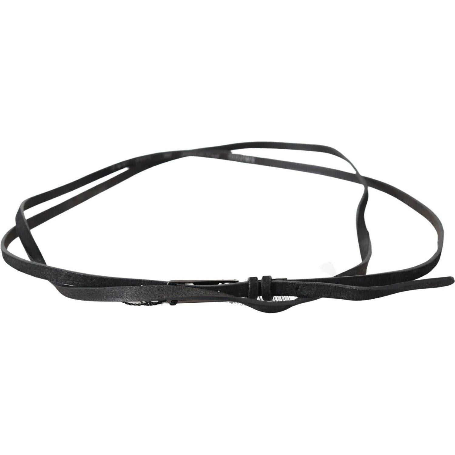 Costume National Black Leather Skinny Logo Buckle Belt