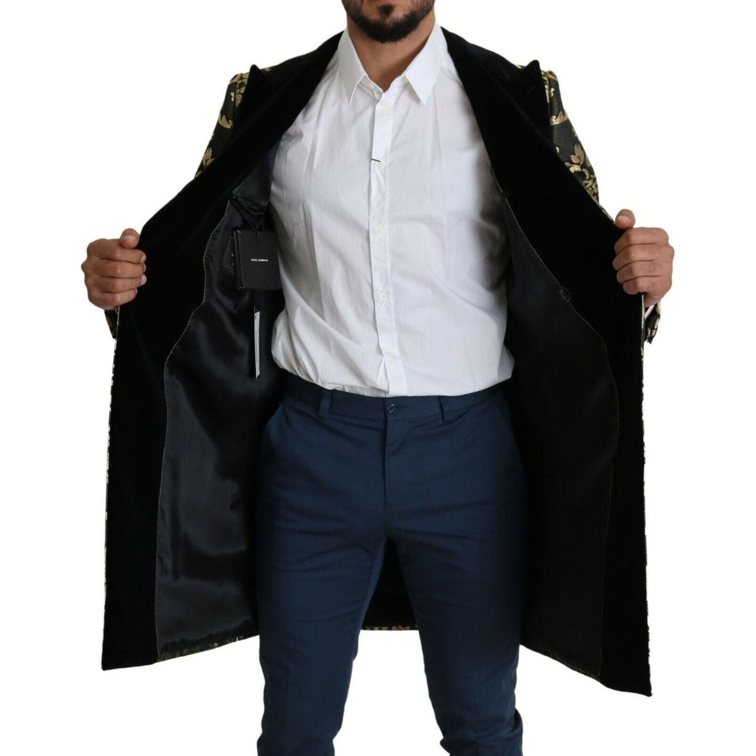 معطف دولتشي آند غابانا الذهبي الأسود ذو الصدر المزدوج من الجاكار Sicilia