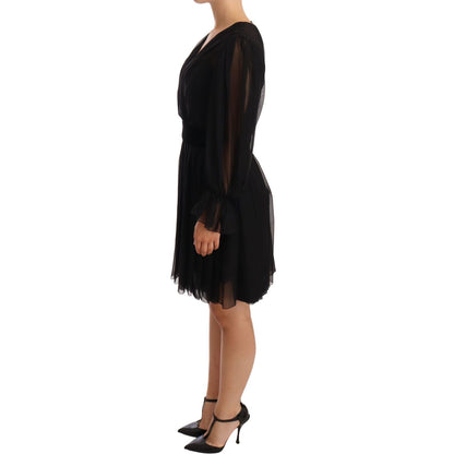 Dolce & Gabbana Black Mesh Pleated Mini Silk Stretch Dress