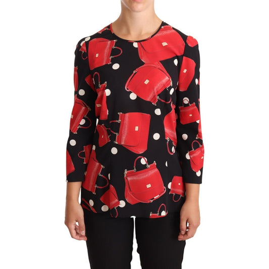 Dolce & Gabbana Black Sicily Bag Print Silk Stretch Top Blouse Blouse Top