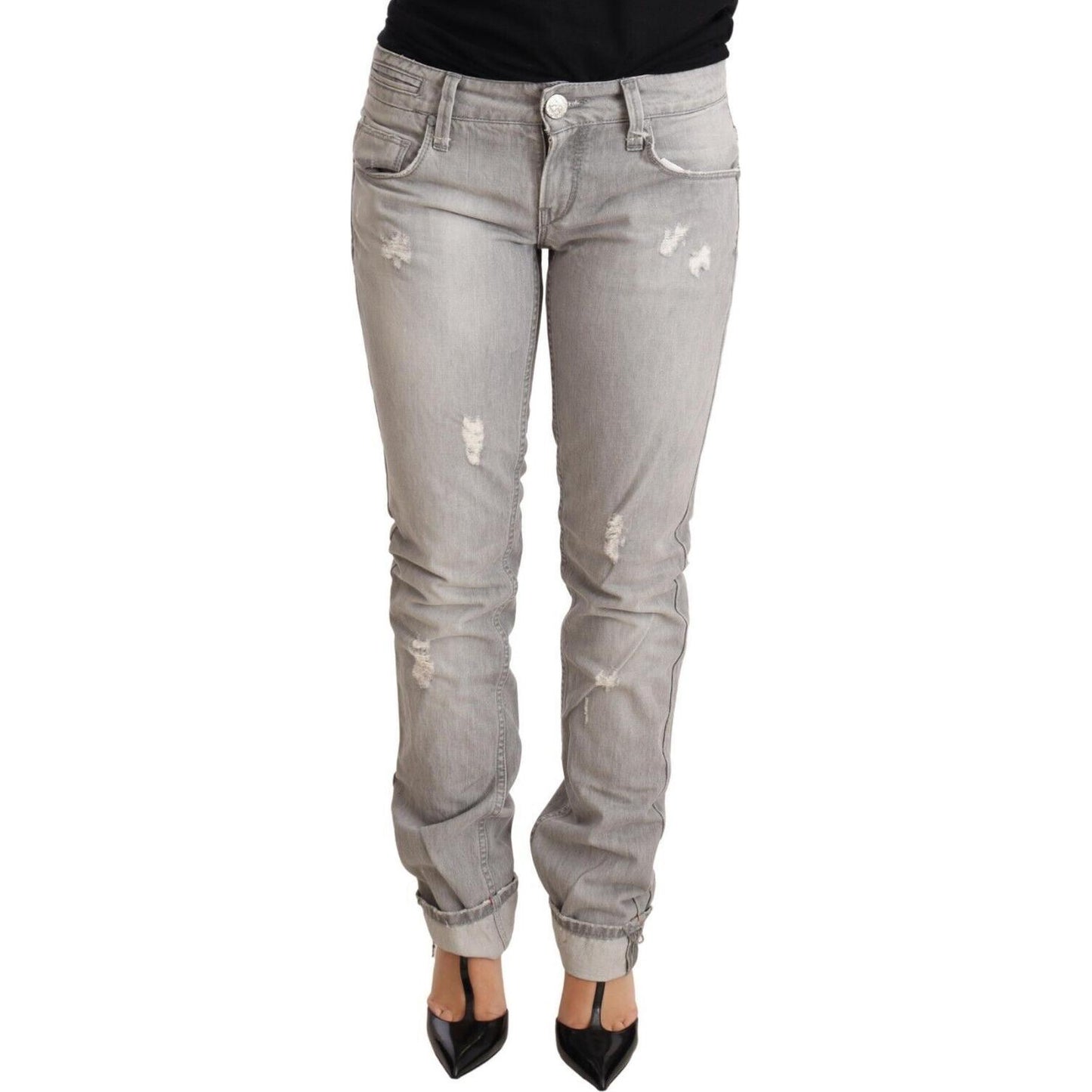 Acht Gray Tattered Cotton Slim Fit Folded Hem Women Denim Jeans Jeans & Pants
