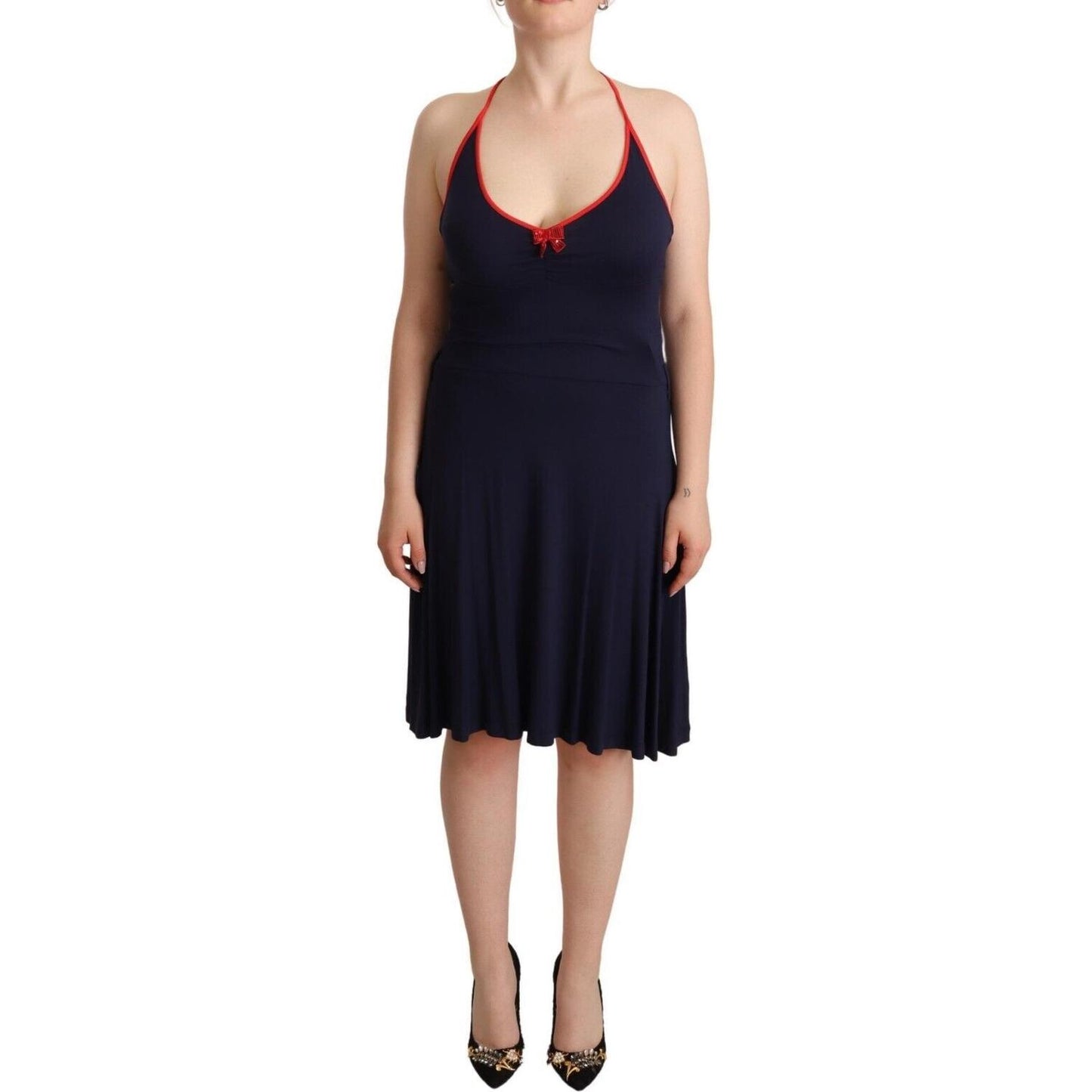 Roccobarocco Navy Blue Sleeveless Halter Sheath Midi Dress WOMAN DRESSES