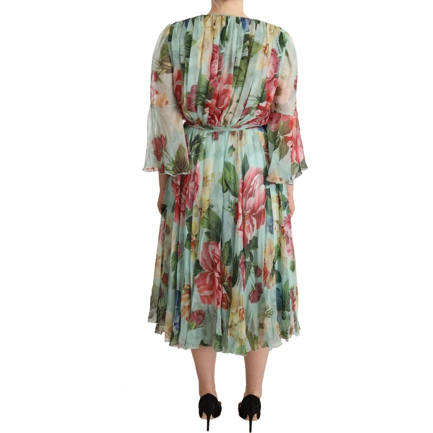 Dolce & Gabbana Green Floral Long Sleeves V-neck Midi Dress