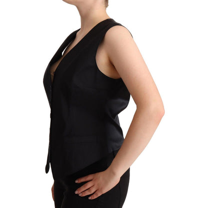 Dolce & Gabbana Black Button Down Sleeveless Vest Waiscoat Top 1728,2% Elastane,30% Silk,67345645728,Black,Clothing,Dolce & Gabbana,IT50|3XL,Material: 68% Cotton,New with tags,Suits & Blazers - Clothing,Tops & T-Shirts - Women - Clothing,Waistcoats - Suit