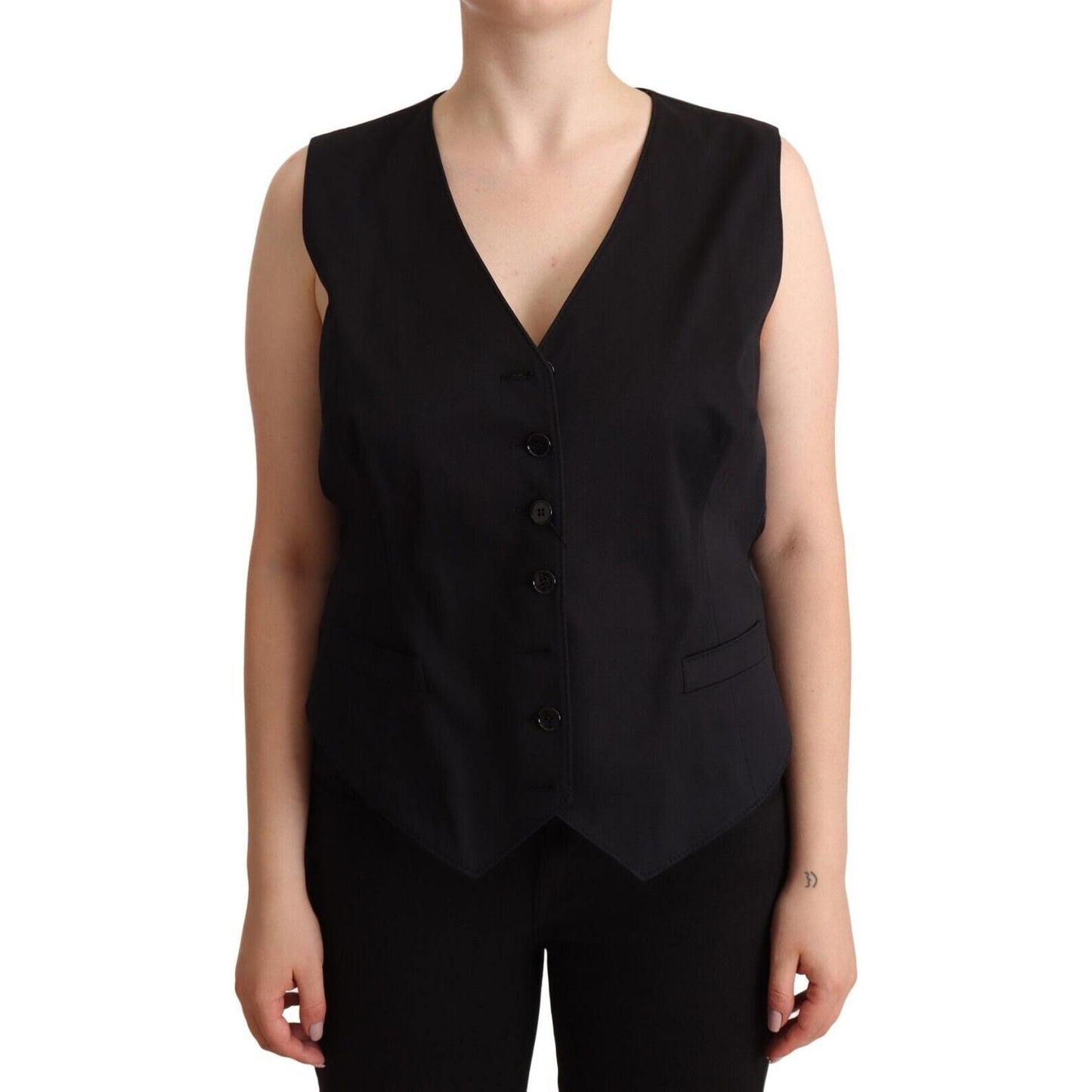 Dolce & Gabbana Black Button Down Sleeveless Vest Waiscoat Top 1728,2% Elastane,30% Silk,67345645728,Black,Clothing,Dolce & Gabbana,IT50|3XL,Material: 68% Cotton,New with tags,Suits & Blazers - Clothing,Tops & T-Shirts - Women - Clothing,Waistcoats - Suit