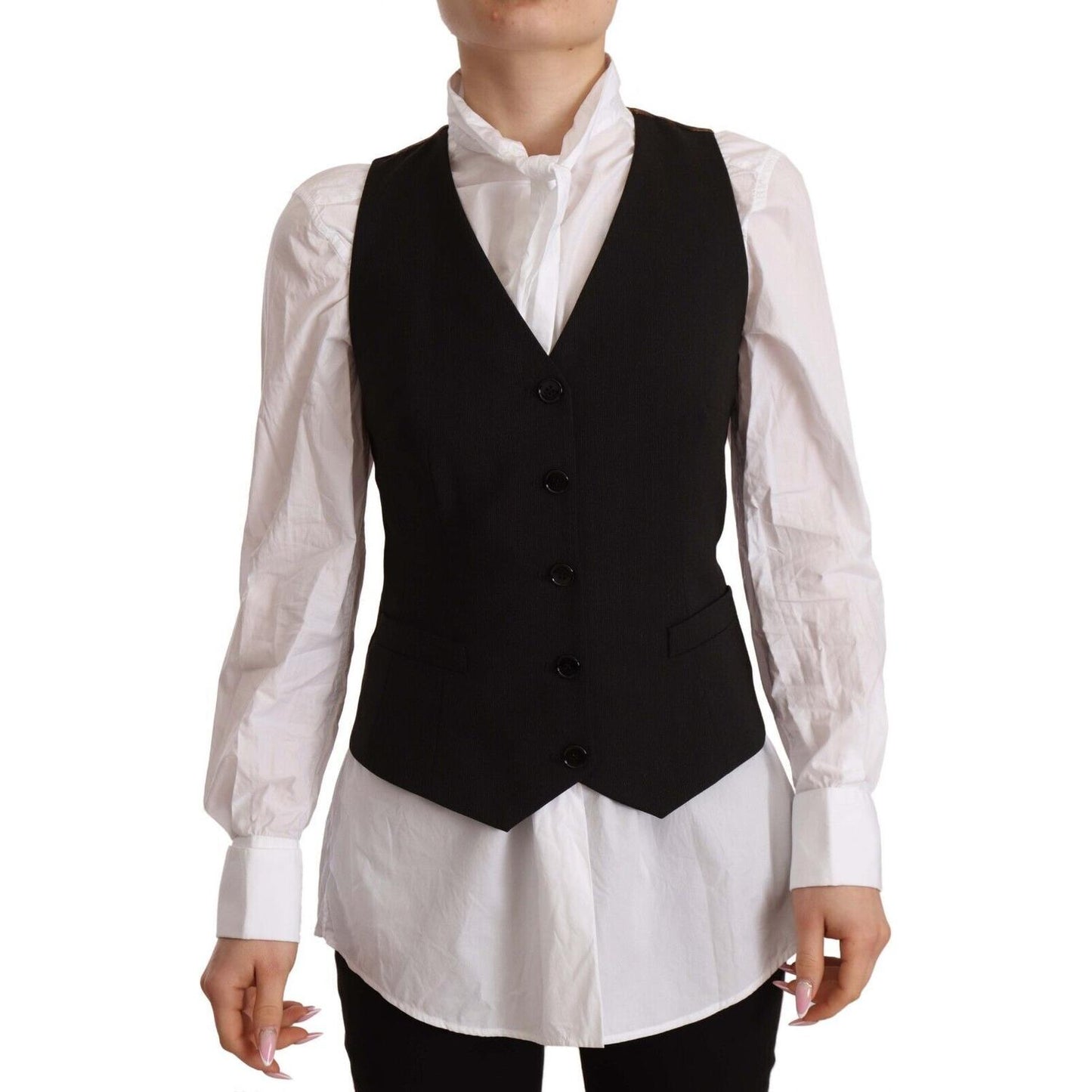 Dolce & Gabbana Black Button Down Sleeveless Vest Polyester Top