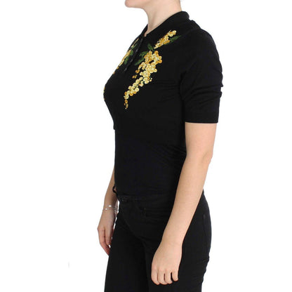 Dolce & Gabbana Black Silk Floral Embroidered Polo Top