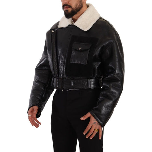 Dolce & Gabbana Black Leather Shearling Biker Coat Jacket JKT3251 - 48