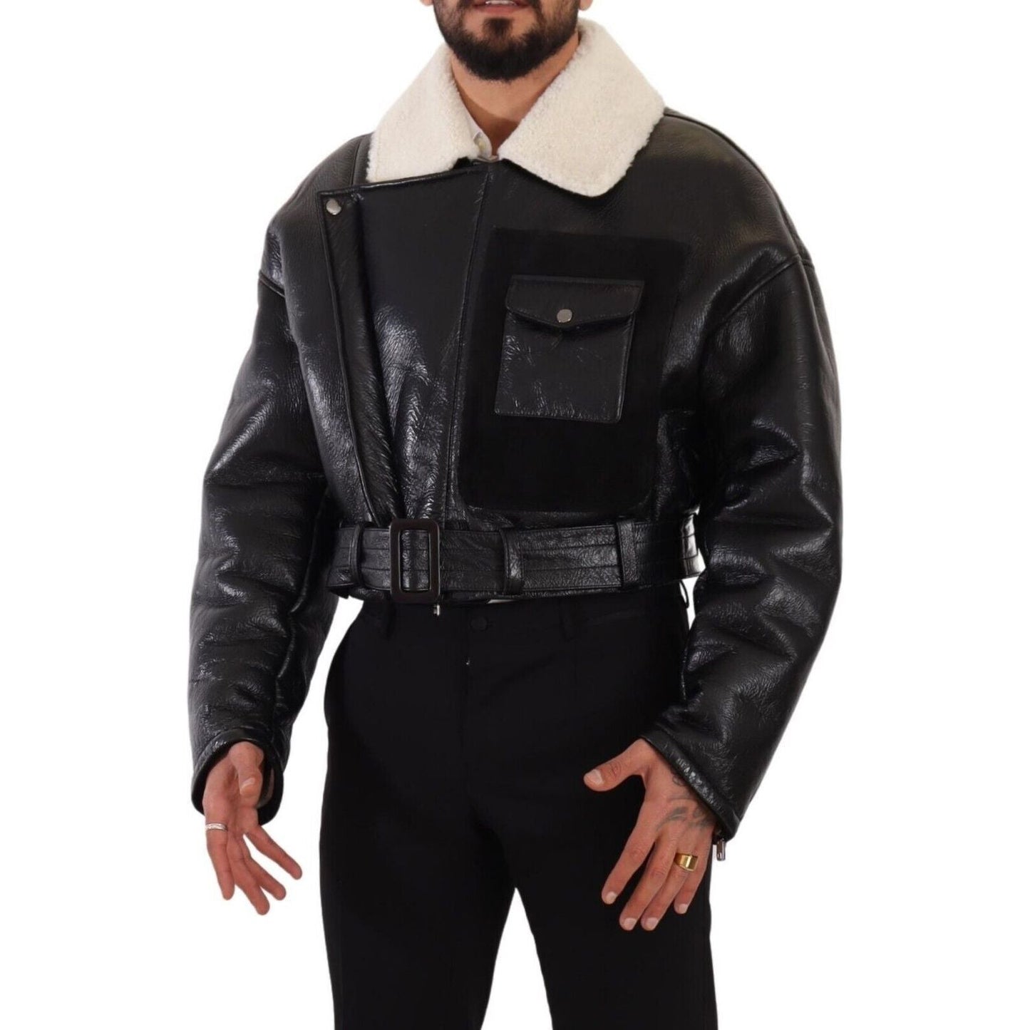Dolce & Gabbana Black Leather Shearling Biker Coat Jacket JKT3251 - 48