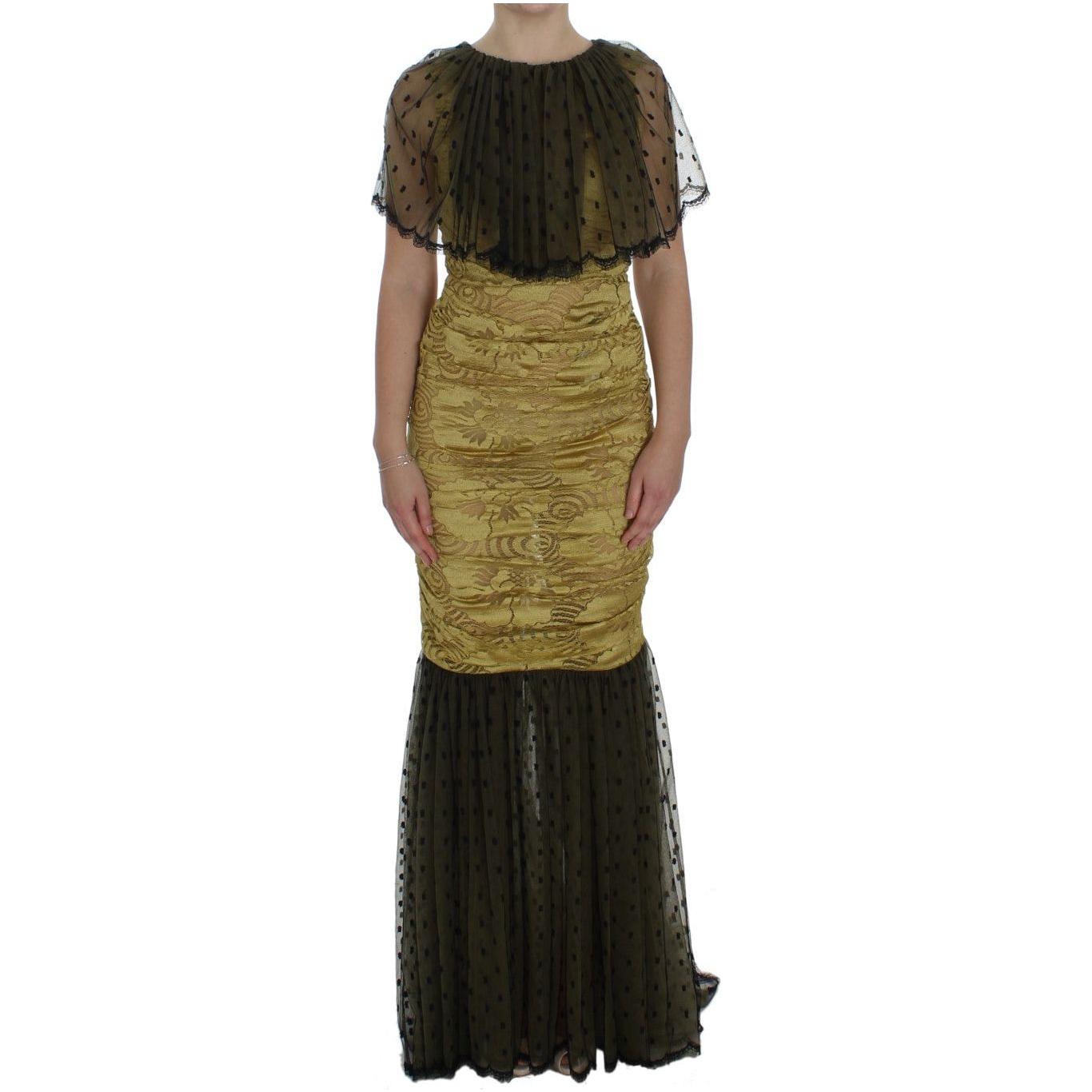 Dolce & Gabbana Yellow Black Floral Lace Ricamo Gown Dress