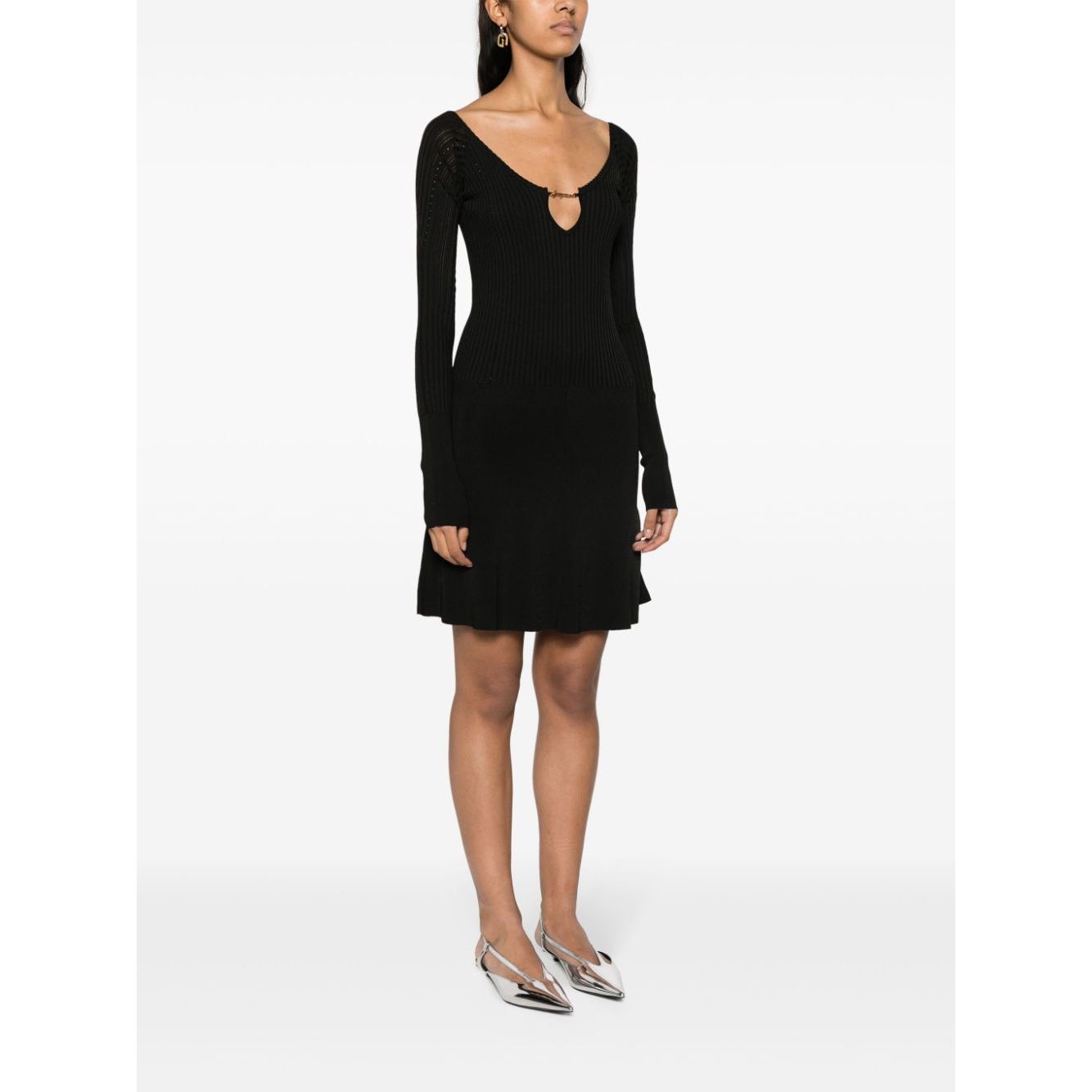 JACQUEMUS Dresses Black ribbed knit dress with wide neck, long sleeves, flared skirt, and scallop hem modeled in size 36 FR.