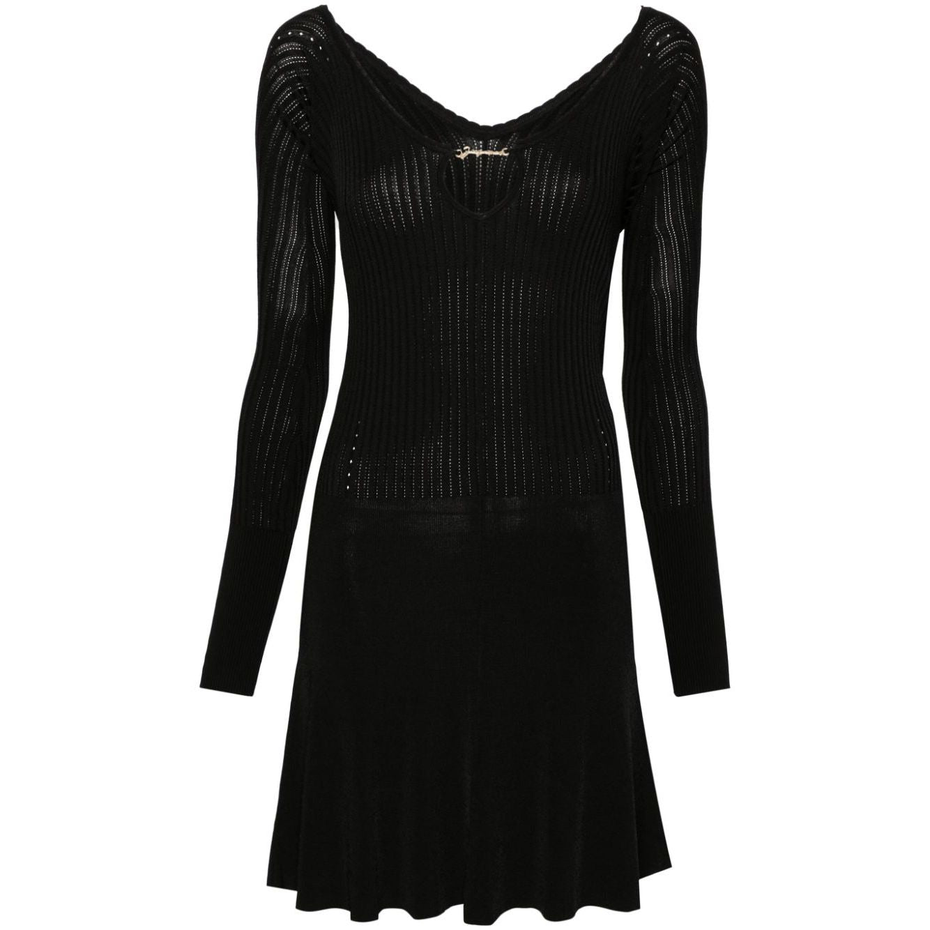 JACQUEMUS Dresses Black ribbed knit flared skirt dress with gold-tone logo plaque and scallop hem.