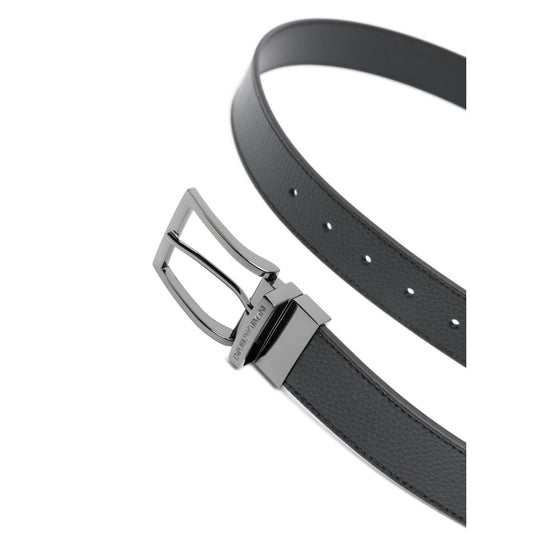 Emporio Armani Exclusive Leather reversible belt in black grained calf leather with gunmetal-tone buckle and punched holes.