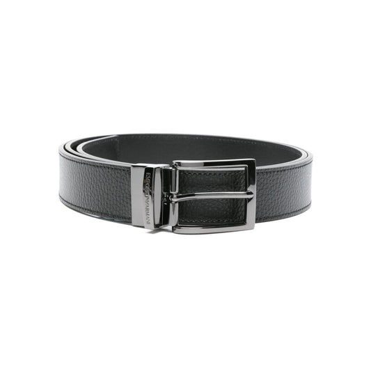 Emporio Armani Exclusive Leather reversible belt with black calf leather, grained texture, gunmetal-tone buckle, adjustable fit.