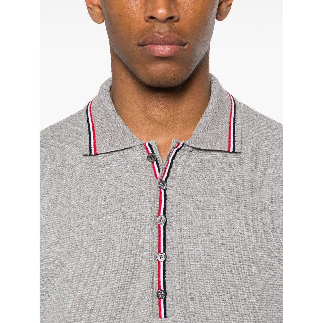 Thom Browne T-shirts and Polos Light Grey, featuring a grey button placket, polo collar, short sleeves, Rwb cotton design.