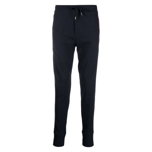 Paul Smith Trousers Blue featuring midnight blue cotton with rainbow motif and elasticated drawstring waist. Tapered leg design.