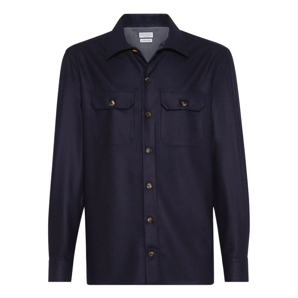 Brunello Cucinelli Shirts Blue with front button fastening and chest flap pockets, long sleeves, buttoned cuffs, wool material.