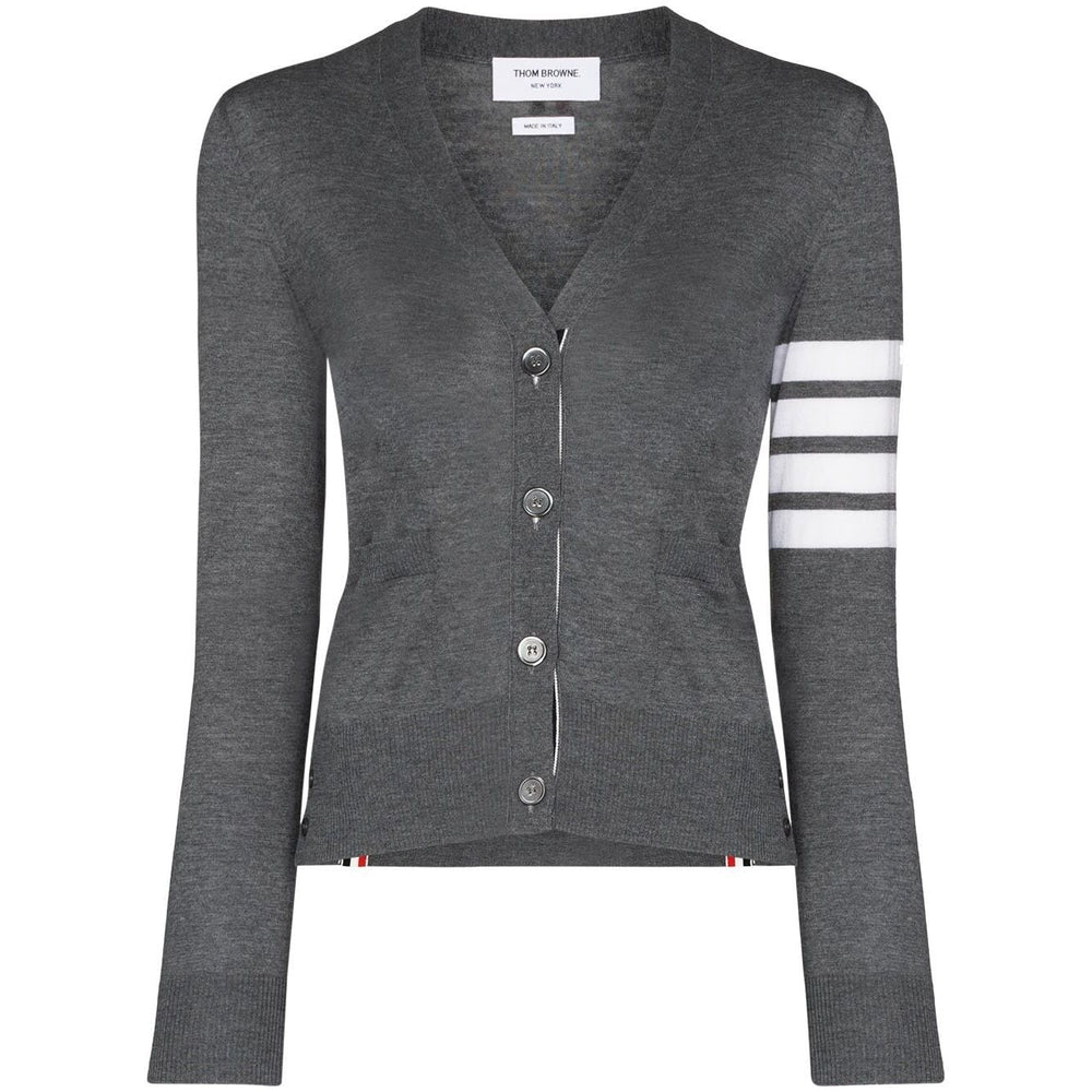 Thom Browne Sweaters Grey wool V-neck cardigan with button fastening, long sleeves, ribbed cuffs, and signature 4Bar stripes.