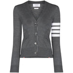 Thom Browne Sweaters Grey wool V-neck cardigan with button fastening, long sleeves, ribbed cuffs, and signature 4Bar stripes.