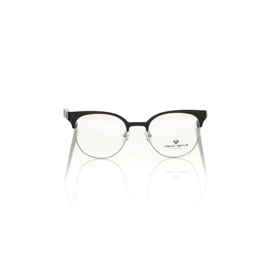 Frankie Morello Black Acetate Women Frame, Italian-made, Clubmaster model with geometric pattern, perfect blend of elegance and chic fashion.
