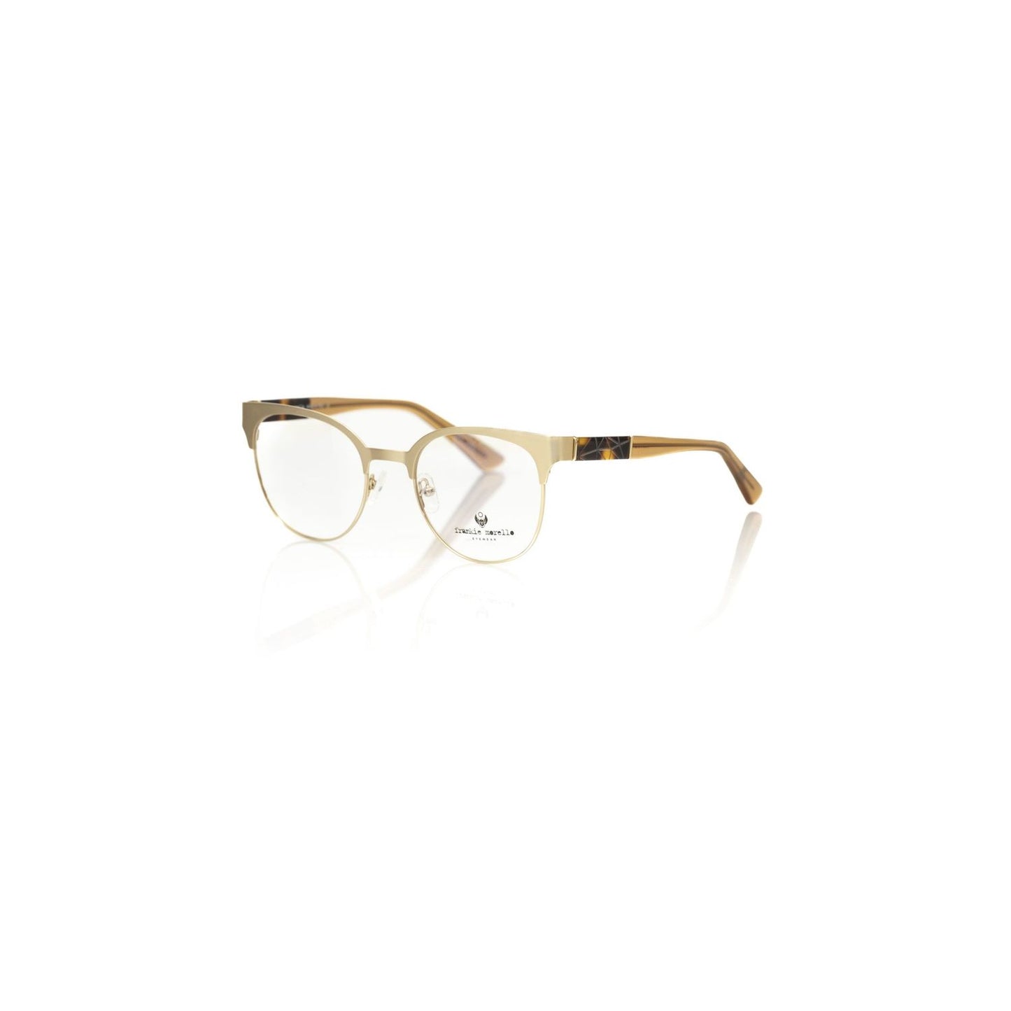 Alt Tag: Elegant Frankie Morello Gold Acetate Women's Frame eyeglasses with gold metal profile and geometric pattern on transparent temples.