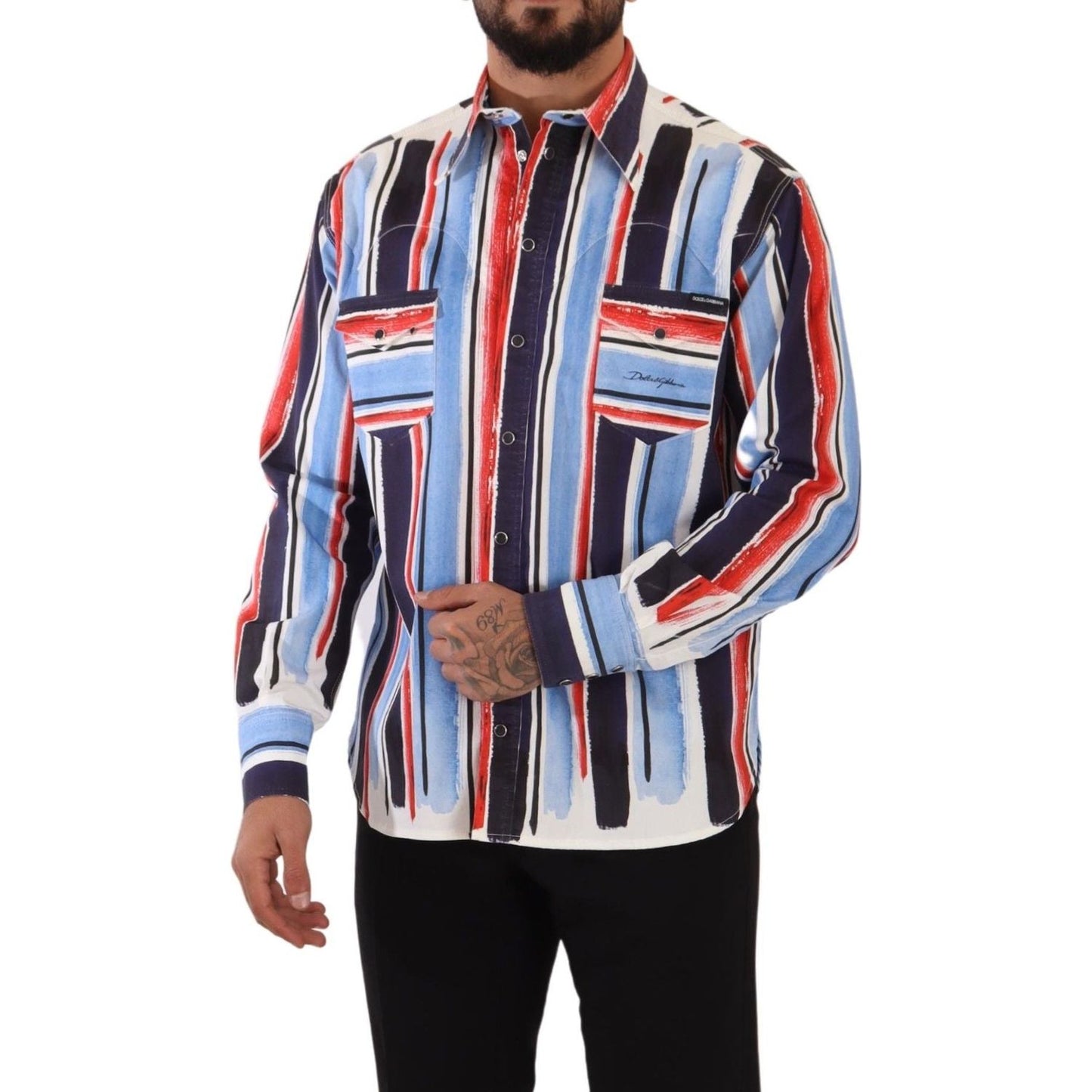 Dolce & Gabbana Red Striped Long Sleeve Cotton Shirt Blue