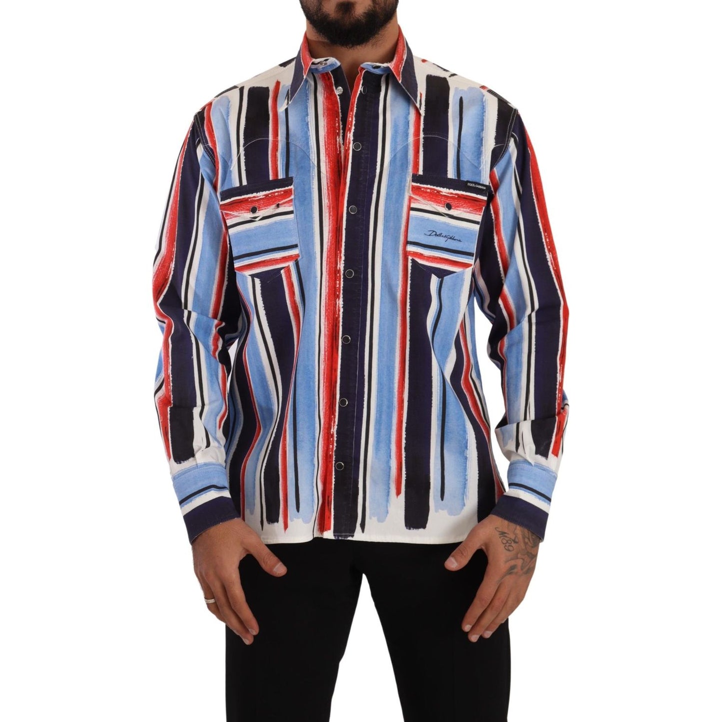 Dolce & Gabbana Red Striped Long Sleeve Cotton Shirt Blue