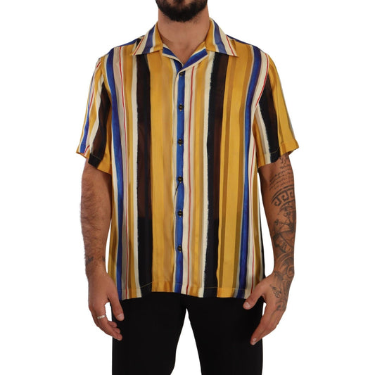 Dolce & Gabbana Yellow Striped Short Sleeve Silk Shirt TSH7539- 40
