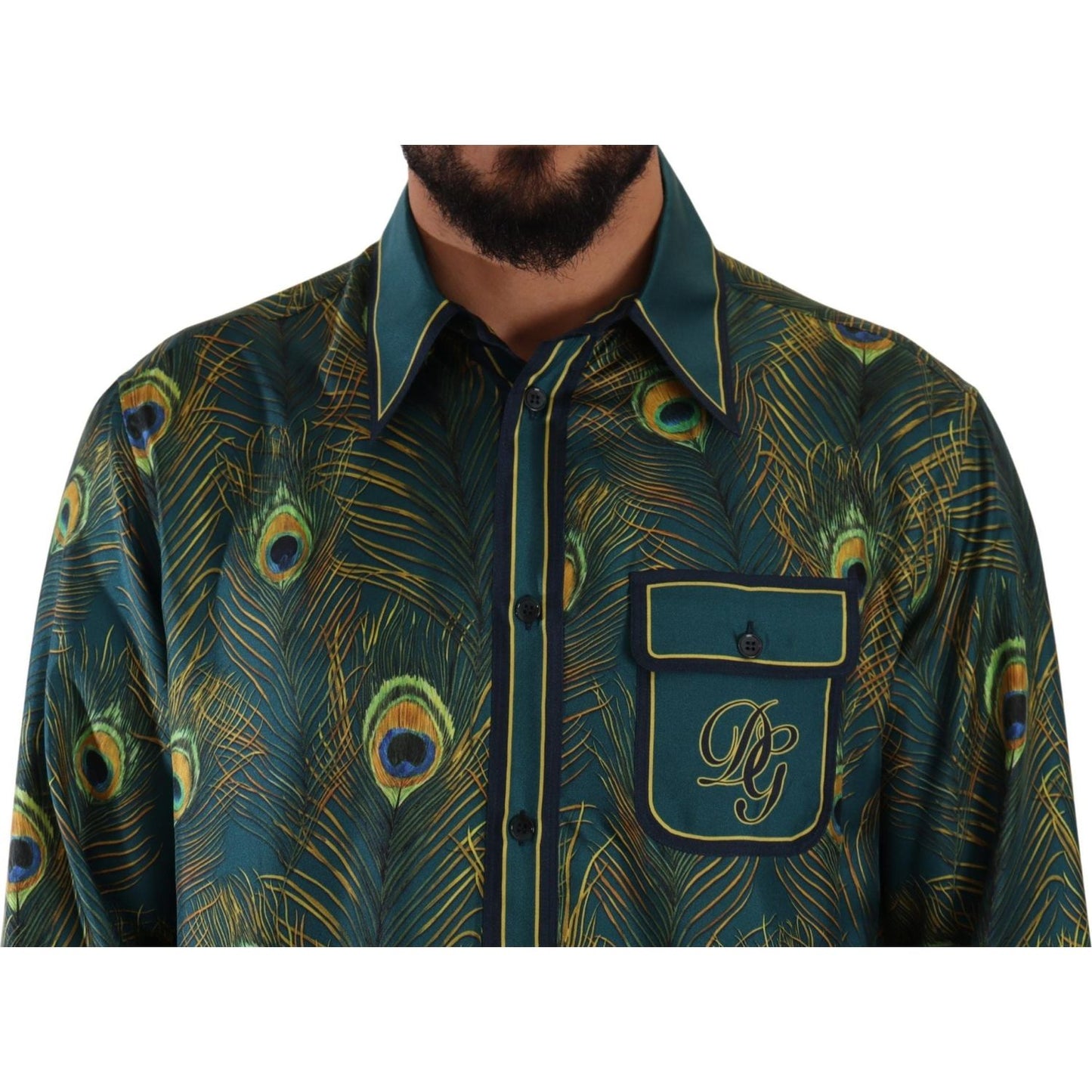 Dolce & Gabbana Peacock Feather Print Silk Pajama Mens Shirt