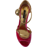 Dolce & Gabbana Pink Velvet Crystal Ankle Strap Sandals Shoes