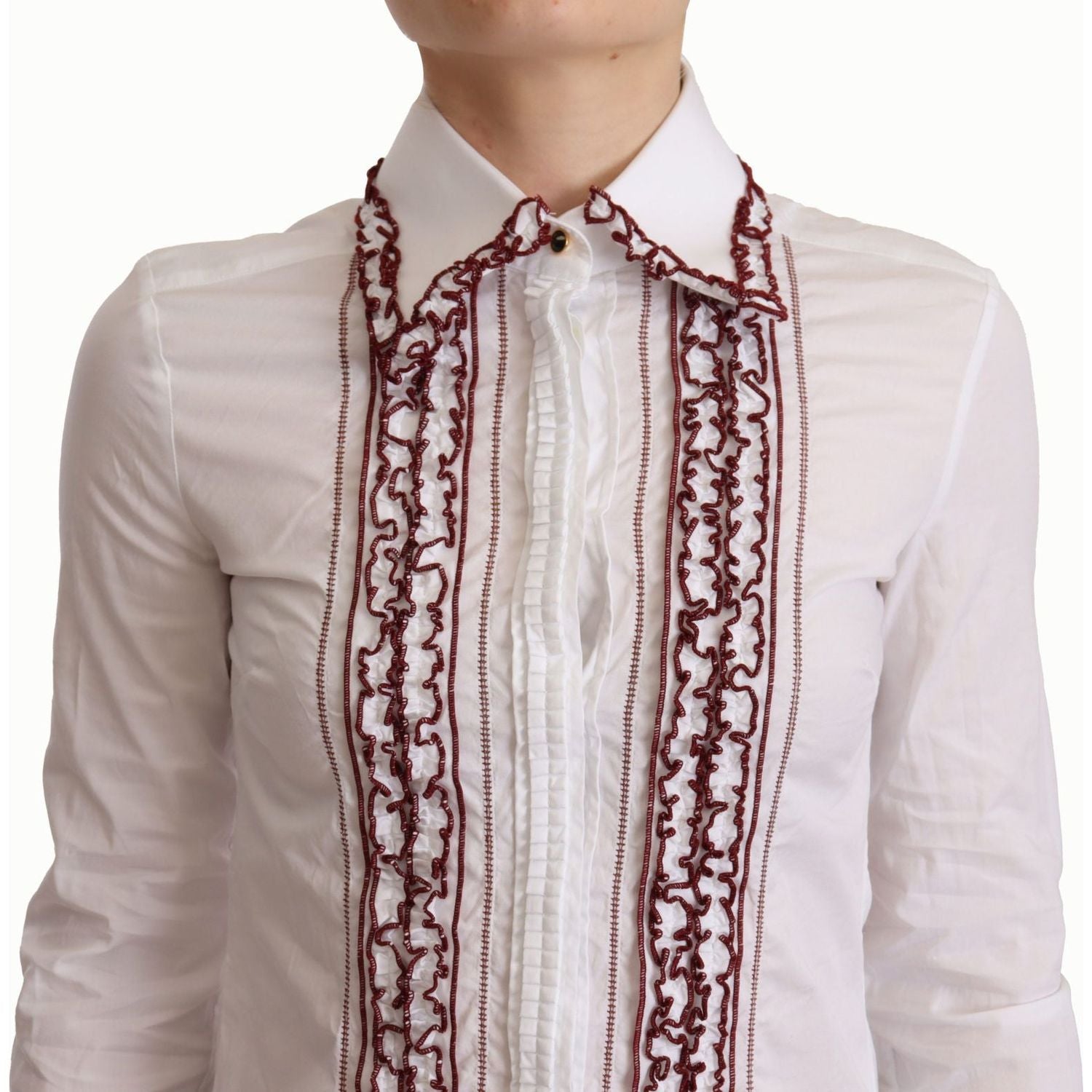 قميص بولو أنيق من القطن باللون الأبيض بأكمام طويلة من دولتشي آند غابانا